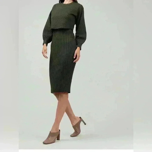Round neck wide ribbed 2 in 1 sweater dress in dark moss green multiple sizes - Picture 2 of 5